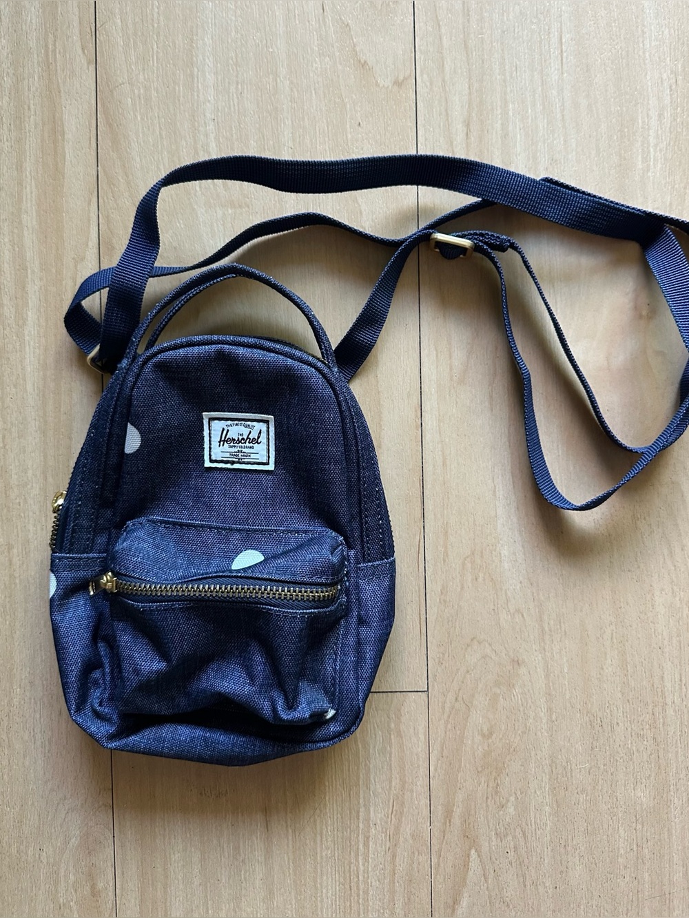 Herschel Crossbody Mini Backpack Bag Blue Denim Polka Dot W/ Red Stripe Interior